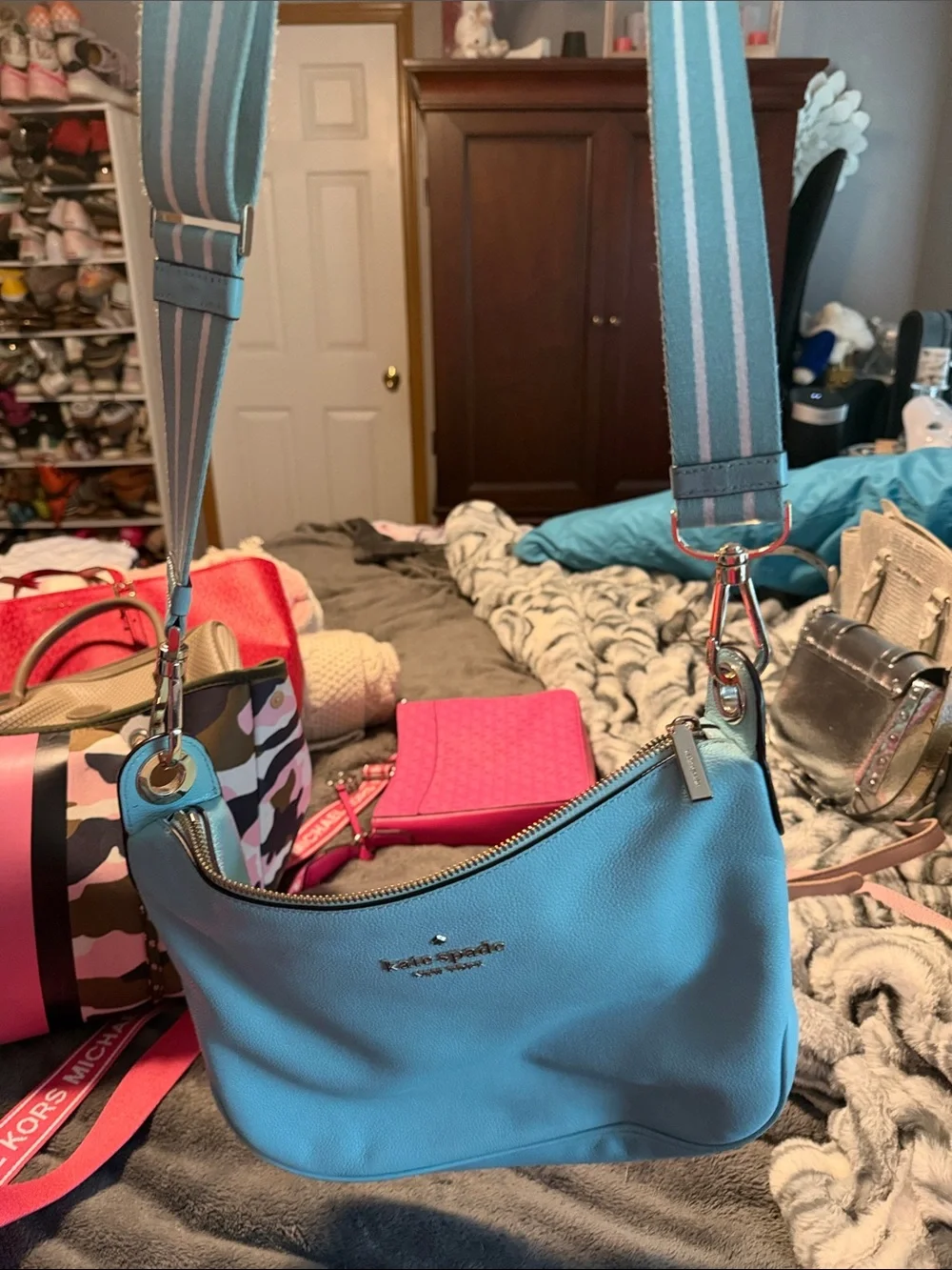 kate spade Light Blue Leather Hobo Shoulder Bag with Striped Strap